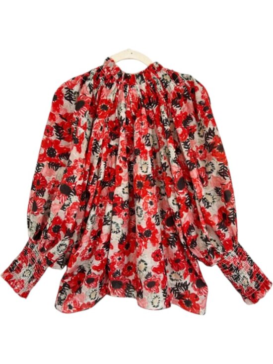 Chufy La Dolce Vita Silk Blend Red Floral Balloon Sleeve Blouse M Designer - Picture 3 of 10
